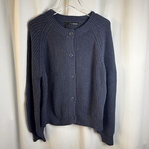 360 Sweater Italian Yarn Ribbed Knit Round Neck Navy Blue Cardigan Sz Large New